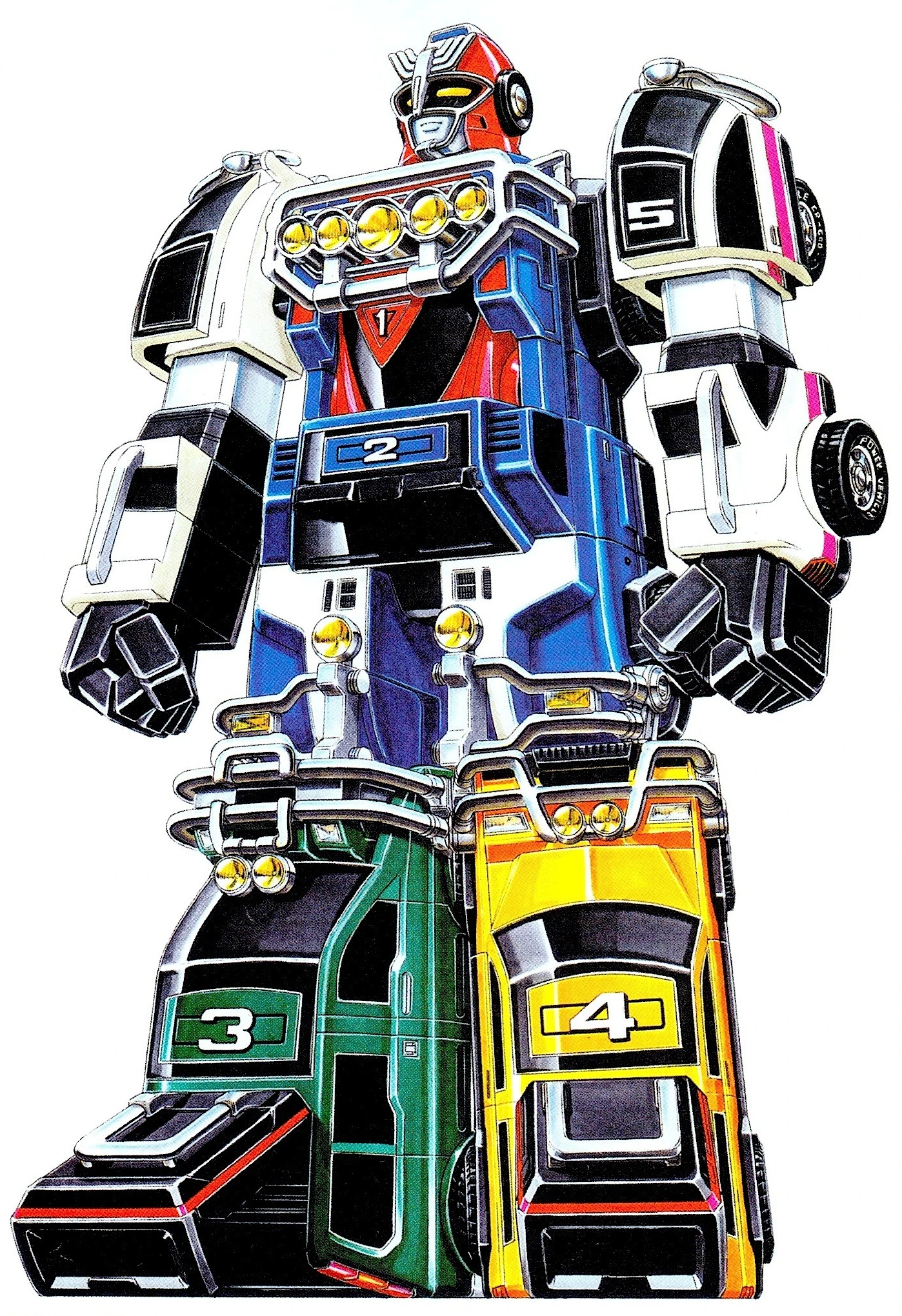 Finished RV Robo design with white car-body arms, a blue torso, and green and yellow vehicle legs.