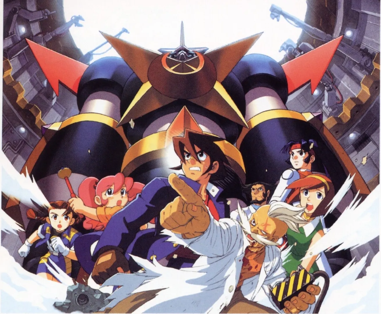 Junpei points forward among a lively supporting cast, with Kikaioh towering behind them inside a mechanical chamber.
