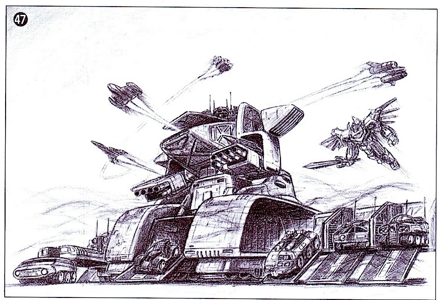 Numbered development drawing 47 shows an angular early GigaBitus launching aircraft above and wheeled vehicles below.