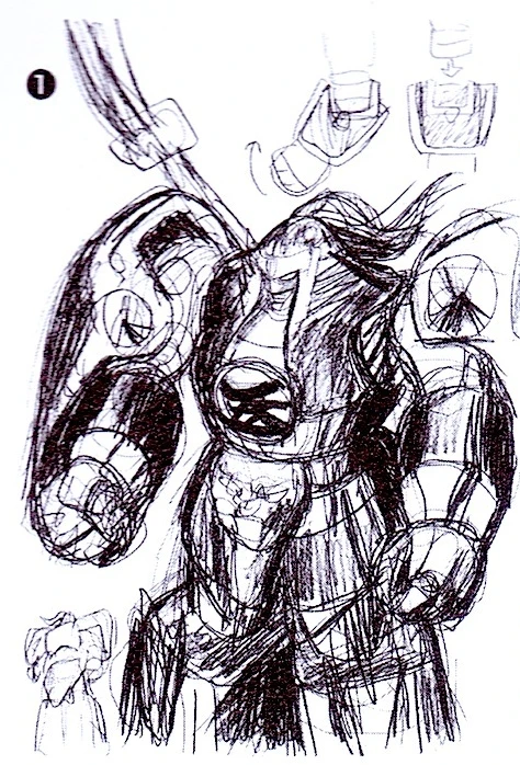 Black-and-white drawing 1 shows an early Dairenoh warrior concept with large rounded shoulder armor, a crested helmet, a round chest detail, and a long weapon rising behind one shoulder.