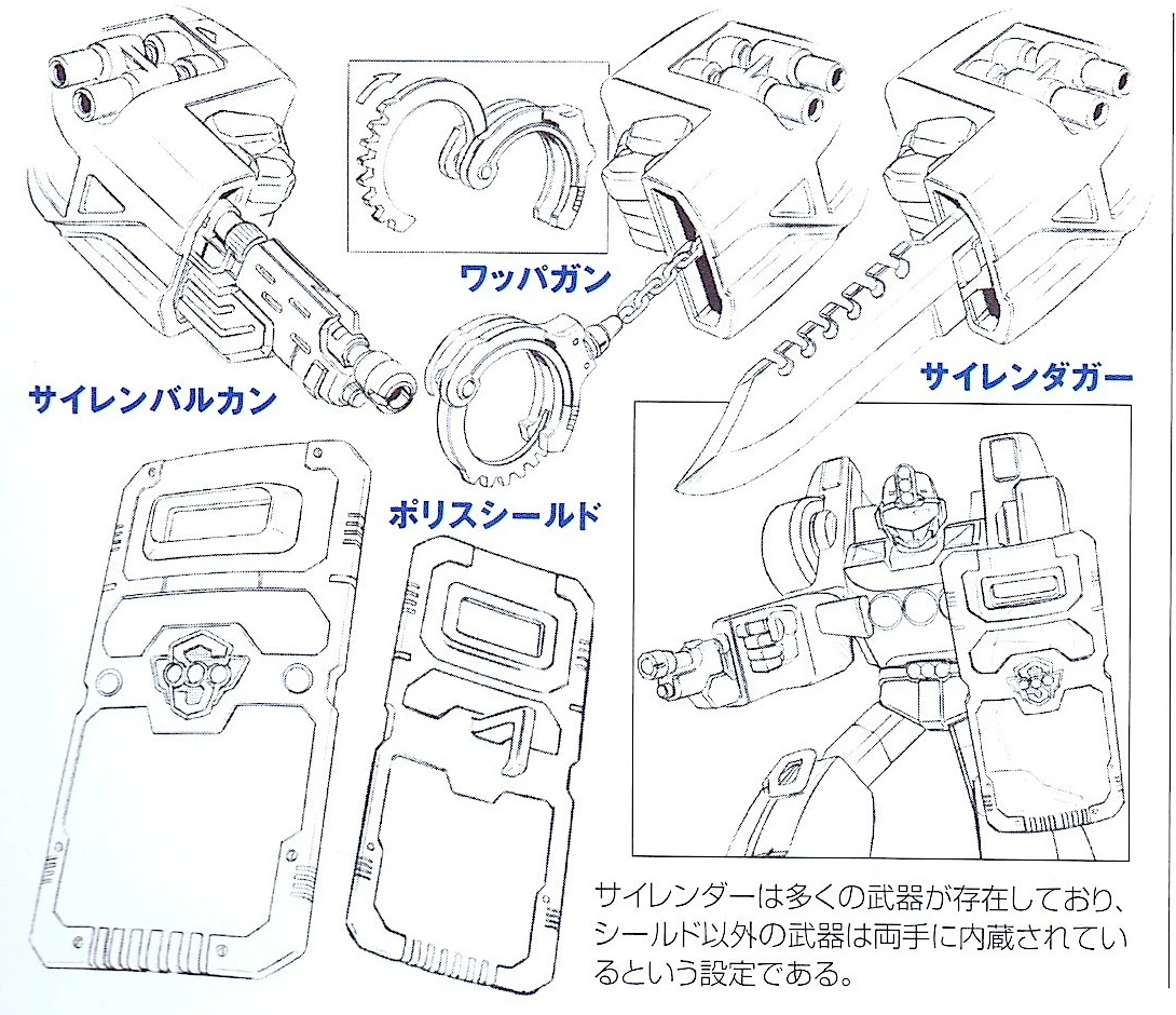 Sirender equipment drawings showing a gun, handcuff on a chain, forearm dagger and tall police shield.