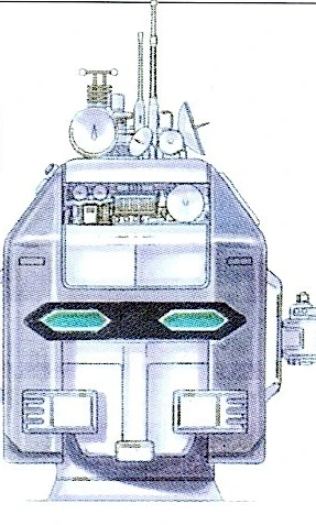 Finished mechanical GigaRhinos face without its red outer helmet, with green eyes and roof instruments.