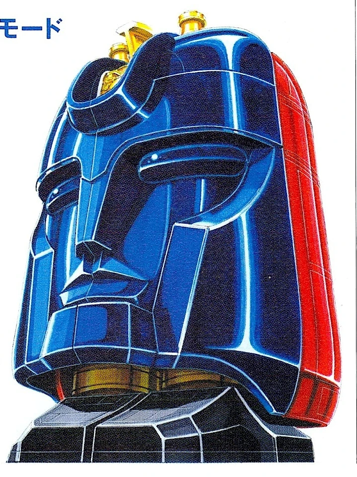 Finished Shinmen Mode artwork: a large smiling blue face with red side panels, gold details above and below, and short black feet at its base.