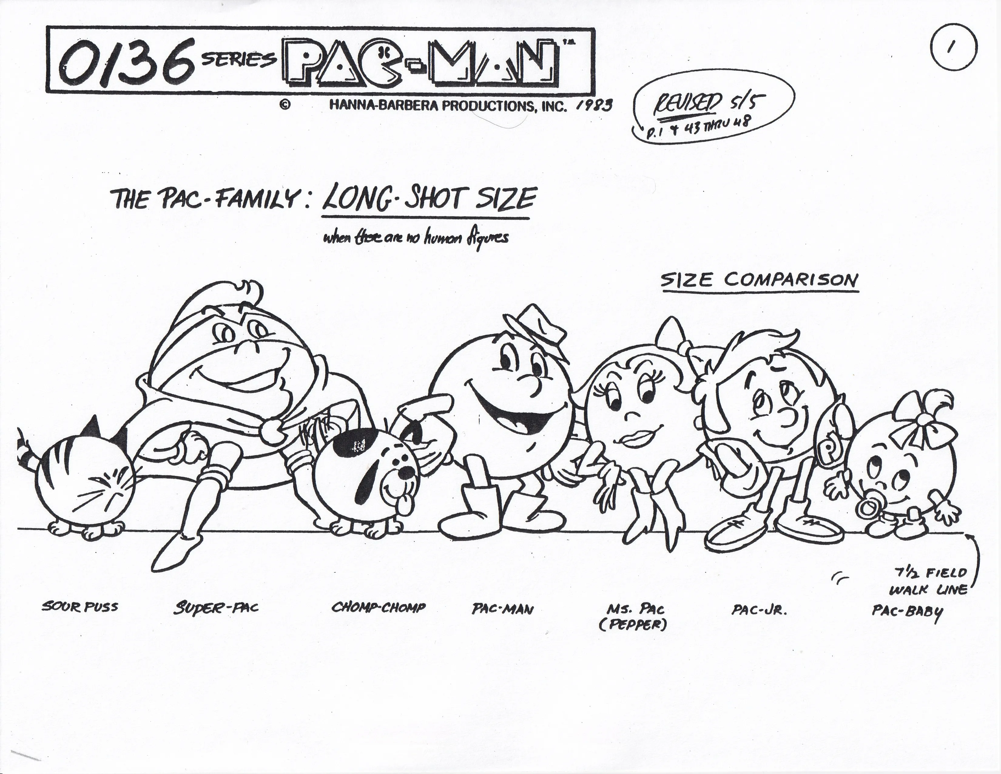The 1983 family lineup adds caped Super-Pac between Sour Puss and Chomp-Chomp, and headphone-wearing Pac-Jr. between Ms. Pac and Pac-Baby.