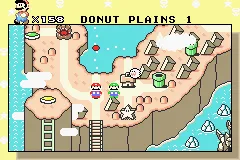 Game Boy Advance Donut Plains map with orange-brown land and teal water during Fall.