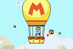 Luigi in a hot-air balloon during the Fall unlock scene in Super Mario Advance 2.