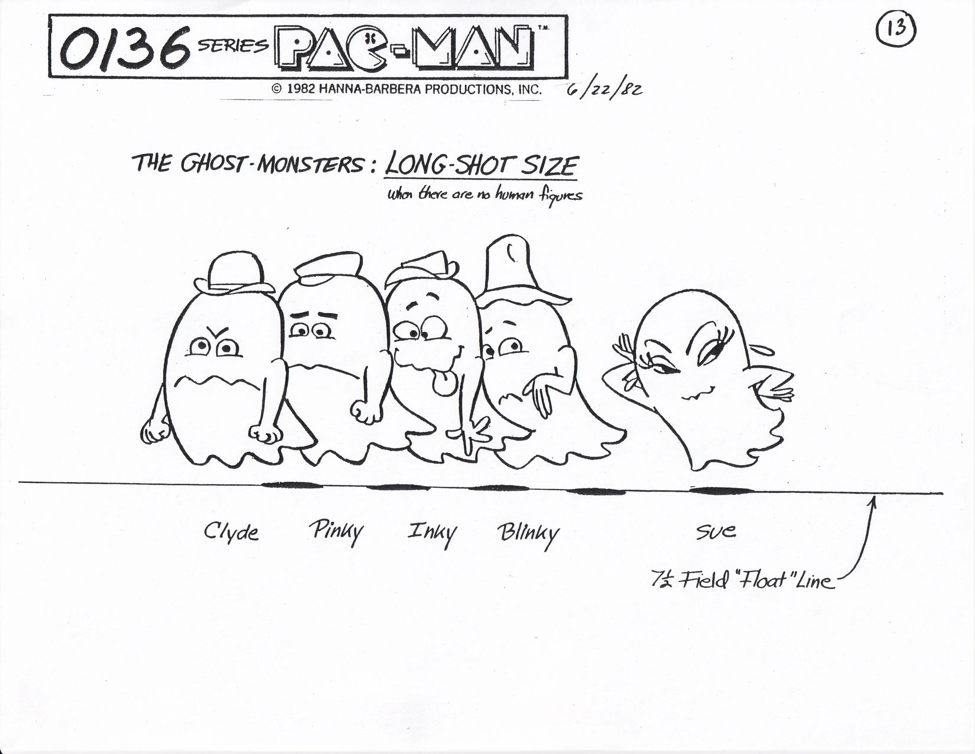 The five ghost-monsters, Clyde, Pinky, Inky, Blinky and Sue, hover over shadows along a ruled float line.