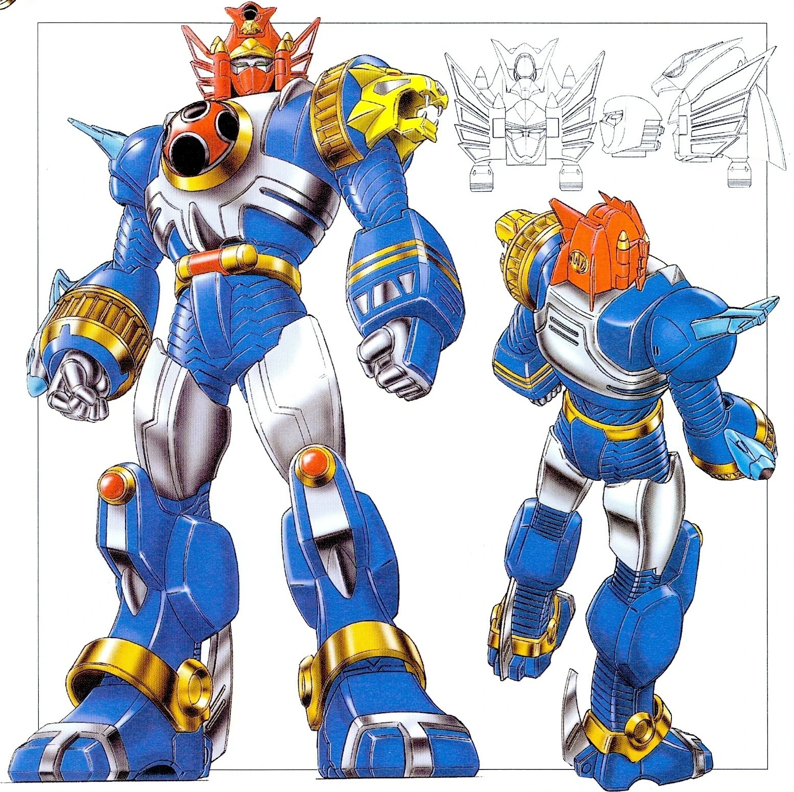 Slim Senpuujin Harrier front and rear designs, retaining the red helmet and gold lion shoulder but using narrower limbs.