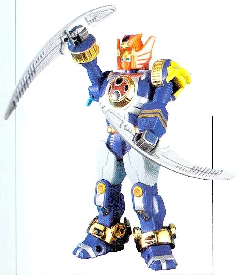 Action Pla-Dera Senpuujin Harrier toy with a slim blue-and-silver body and two curved swords.