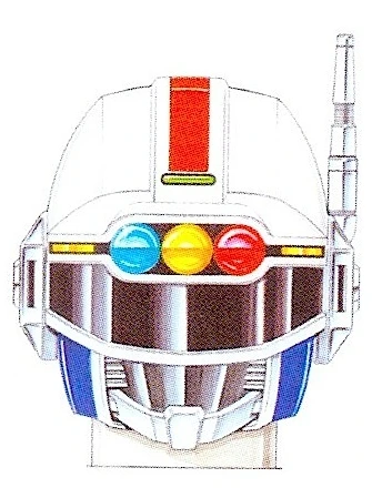 Sirender head drawing with the broad dark visor lowered beneath three colored lamps.