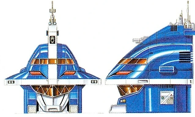 Front and side designs of the blue bridge-shaped GigaBitus head, showing a silver face beneath toothed trim.