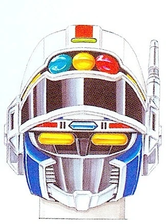 Sirender head drawing with the visor lifted to expose yellow eyes above a silver grille.