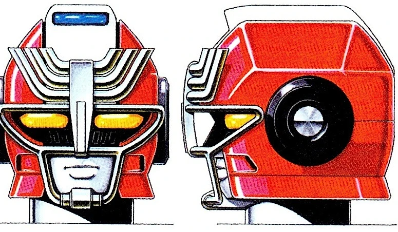 Front and side drawings of RV Robo’s red helmet with silver face bars and a circular black ear detail.