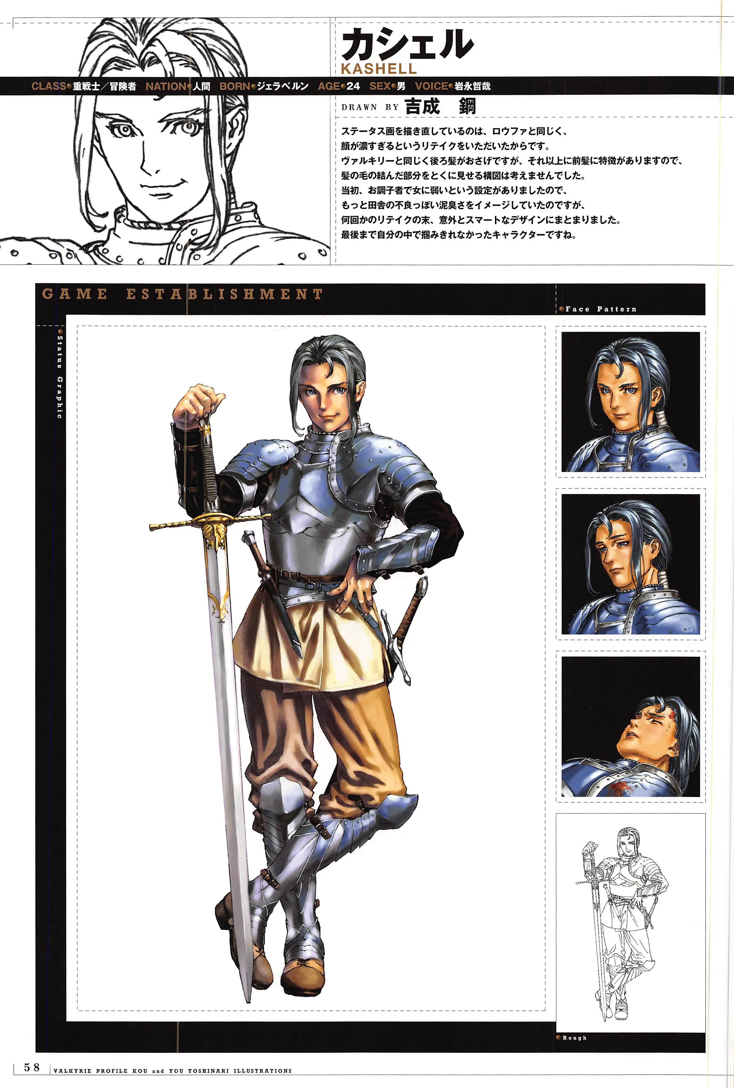 Kashell character art, facial expressions, pencil rough and Japanese artist comment from the 2000 Valkyrie Profile illustration book.