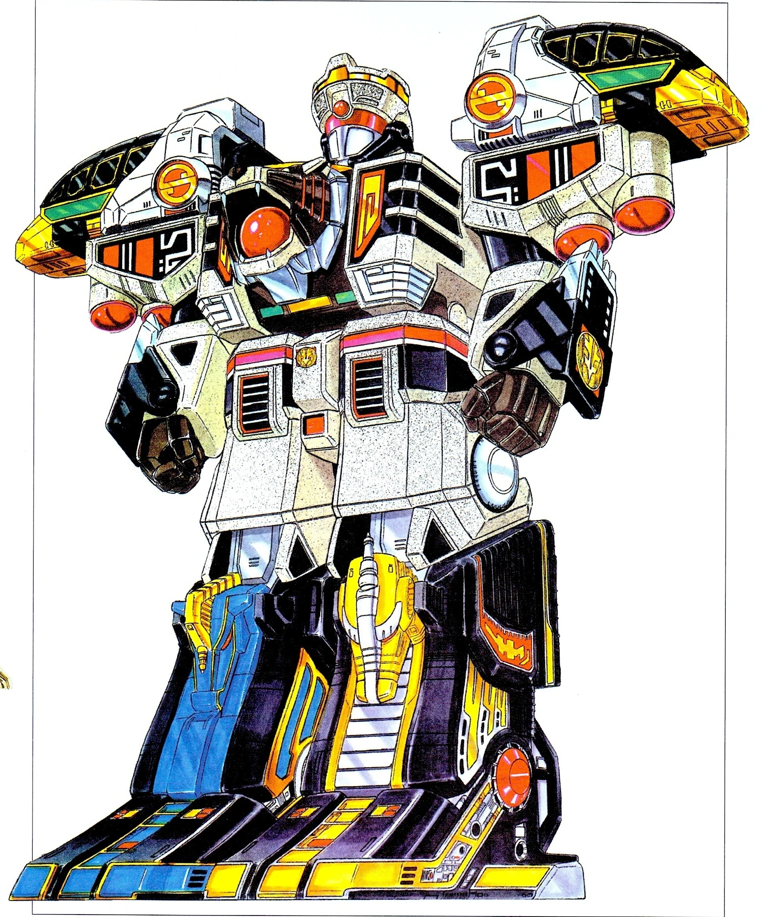 Finished Kiba Daioh artwork with a silver and gold helmet, orange chest jewel, white striped torso, huge gold-beaked bird-head shoulders, and blue and yellow lower legs.