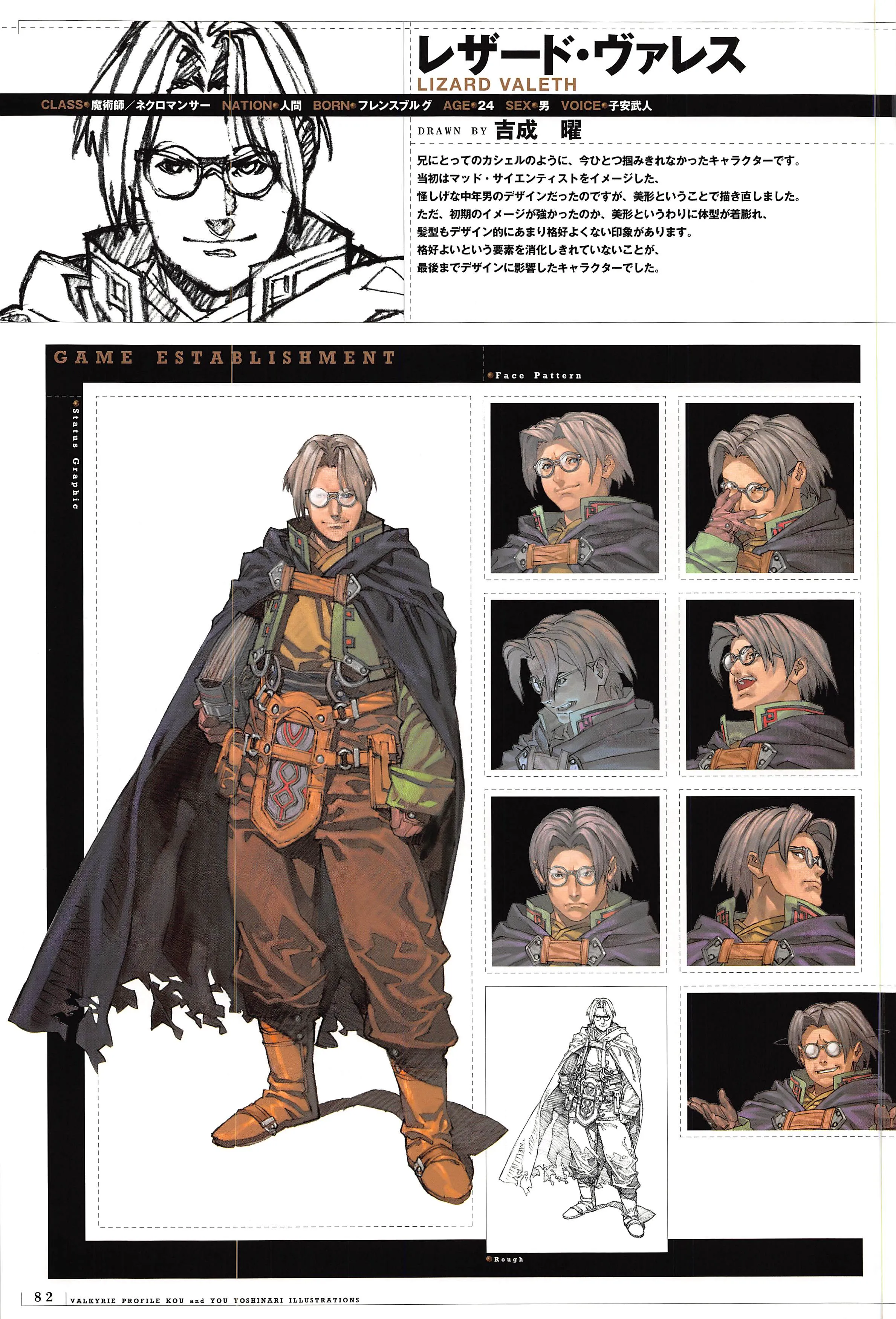 Lezard character art, facial expressions, pencil rough and Japanese artist comment from the 2000 Valkyrie Profile illustration book.