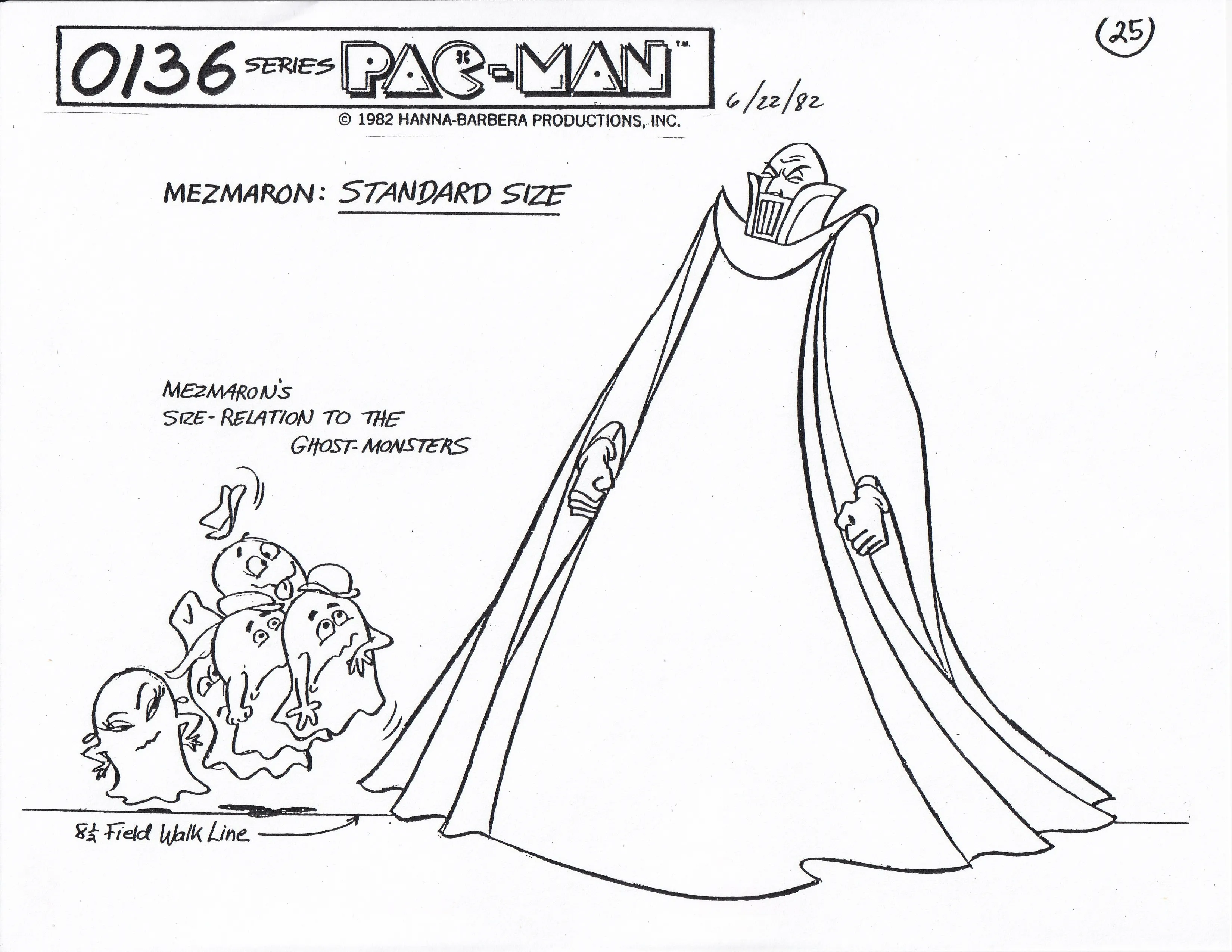The tall, cloaked Mezmaron beside a much smaller cluster of four ghosts, with a handwritten size-relation label.