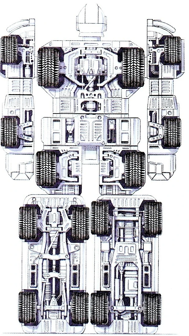 RV Robo rear mechanical drawing showing vehicle chassis and rows of wheels.