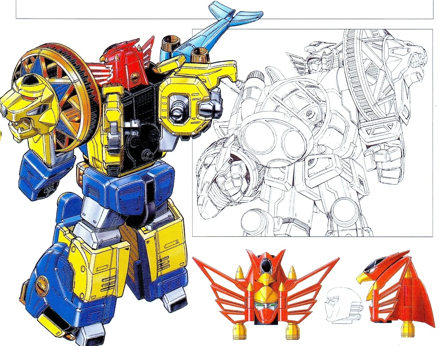 Senpuujin rear artwork, chest-opening line drawing and front and side head studies from the same model sheet.