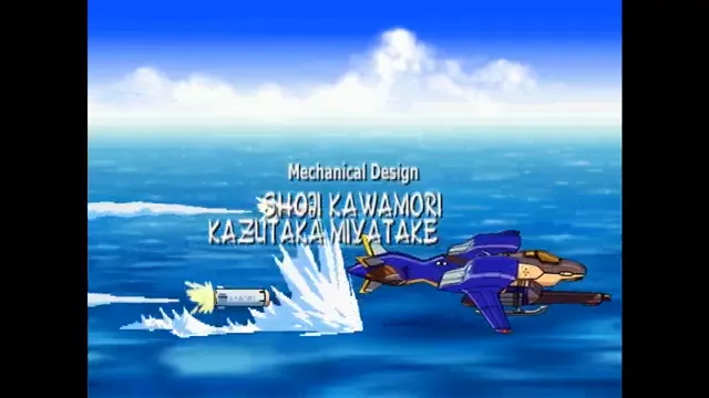 Refaga’s blue and tan aircraft flies low above the sea while firing, with the original mechanical-design credits visible.