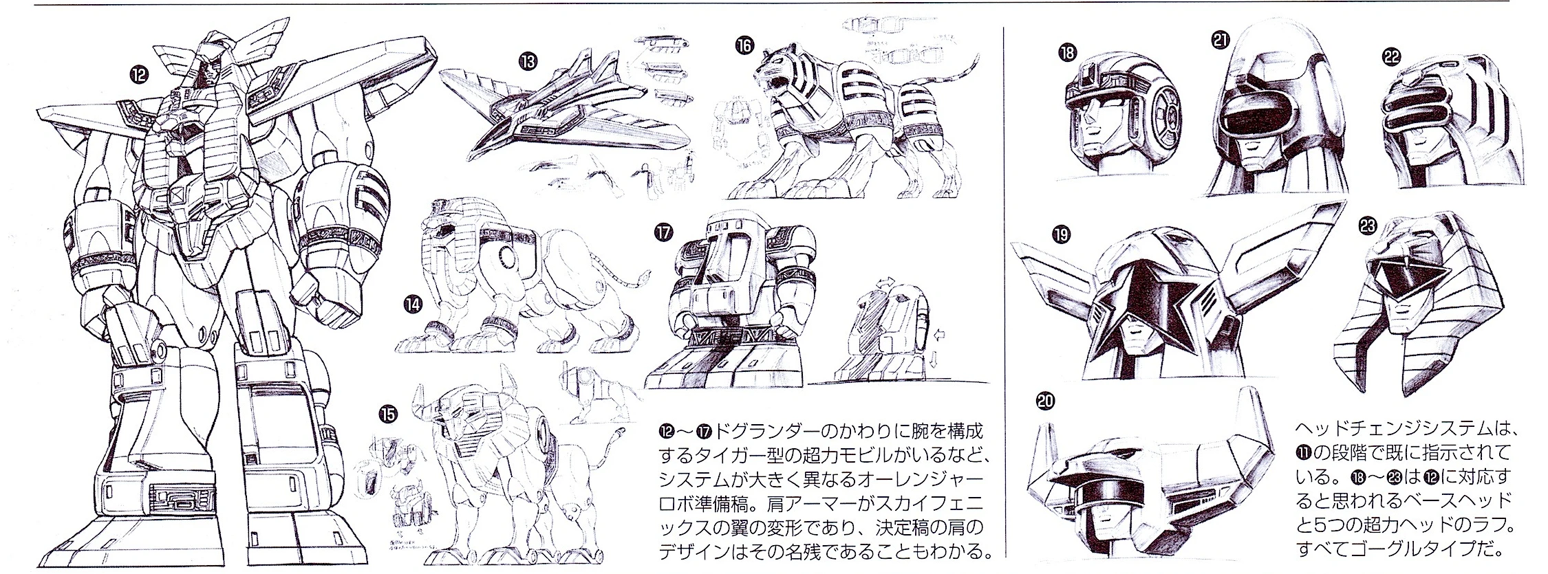 Ohranger Robo development drawings 12-23, showing a combined robot, aircraft, lion, bull, tiger and monument-machine proposals, followed by six head studies with visor-like eye coverings.