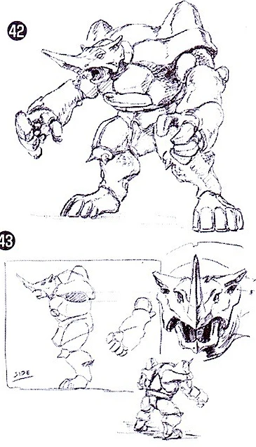 Early drawings 42 and 43 of a muscular two-legged rhinoceros creature and its head.