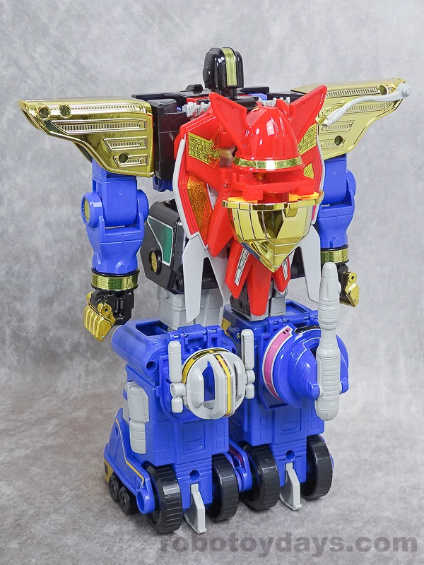 Rear view of the original DX Ohranger Robo with spare helmets stored on the toy.