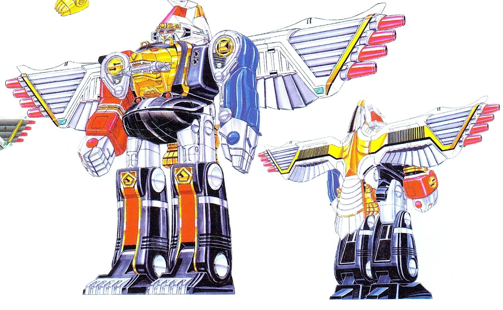 Front and rear designs of Super Kakure Daishogun with white crane wings spread from its shoulders.