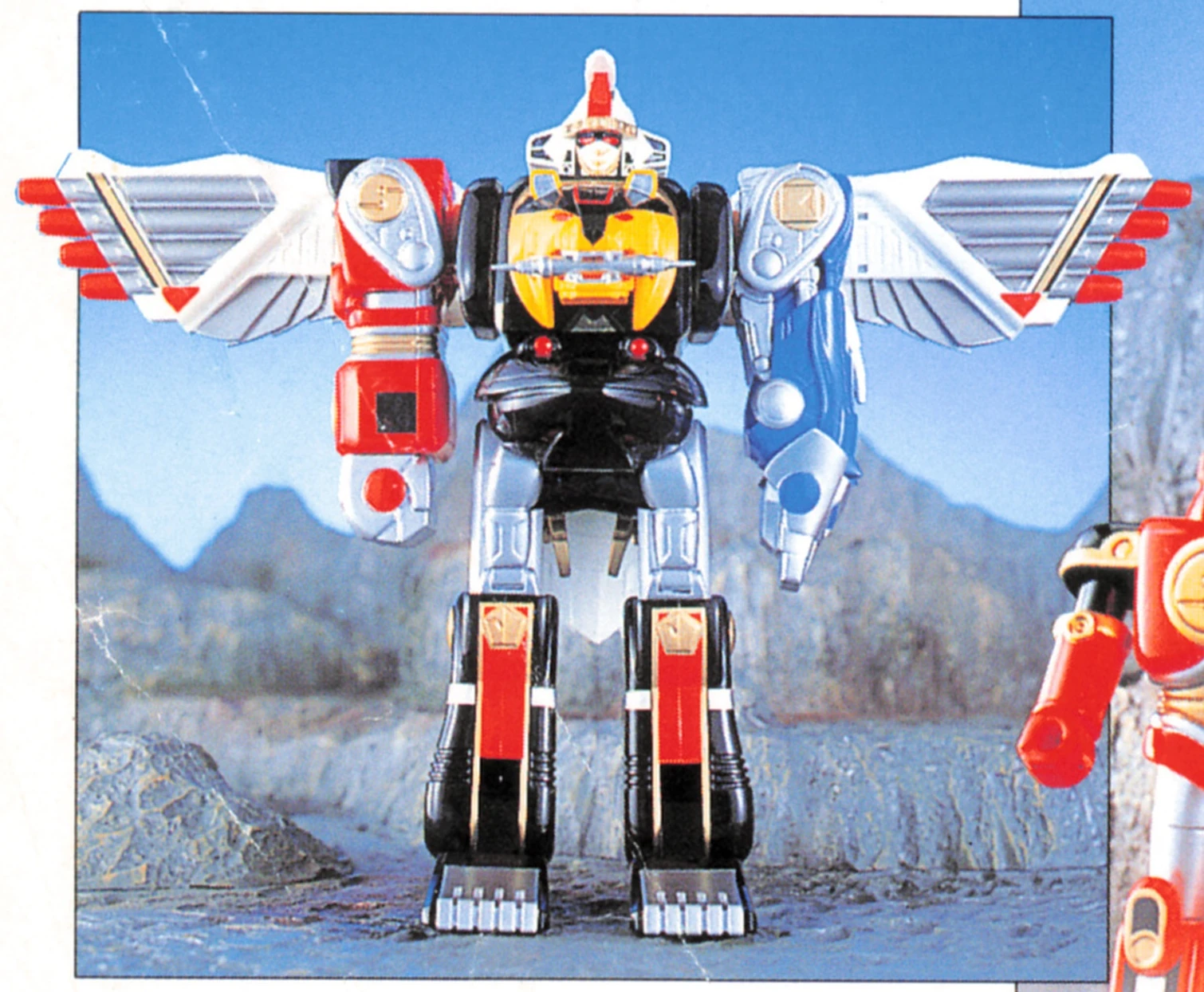 Original DX Kakure Daishogun combined with DX Tsubasamaru, its white wings extended over the red and blue arms.
