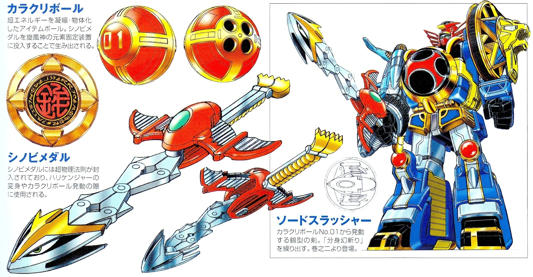 Karakuri Ball 01, Shinobi Medal, bird-shaped Sword Slasher and a finished view of Senpuujin holding the sword.