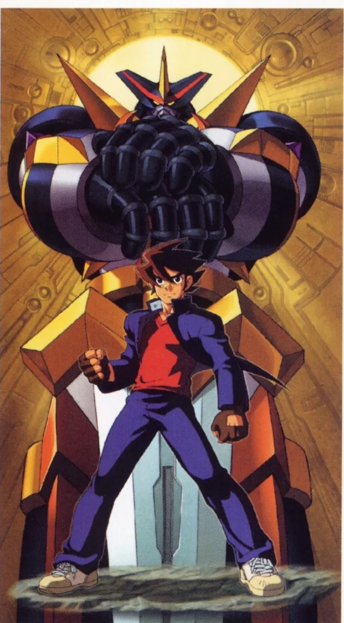 Junpei stands before Kikaioh, whose huge hands hold a vertical sword, against a gold mechanical backdrop.