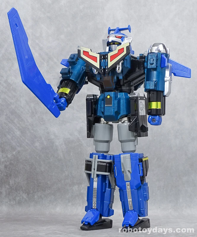Original Japanese DX GigaPhoenix holding its long blue boomerang upright.