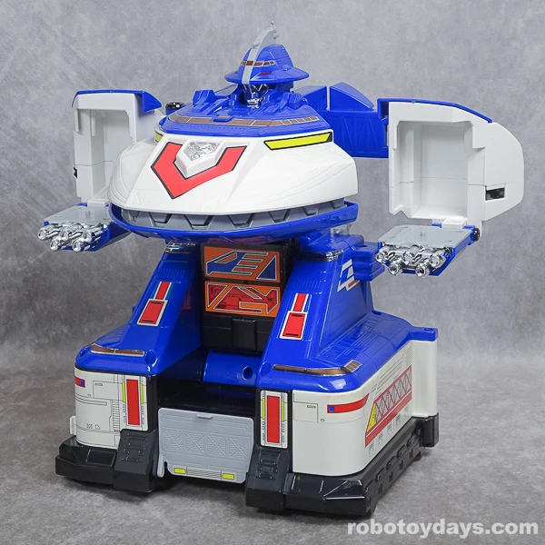 Original Japanese Bandai GigaBitus toy in upright Scramble Mode, with launch bays closed.