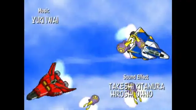 The red and blue-white Twinzam fighter jets fly separately against a blue sky, with the opening animation’s original credits visible.