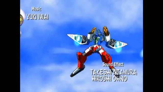 Twinzam has a blue upper body and red legs in its Plasma Formation, flying against the sky with the opening animation’s credits visible.