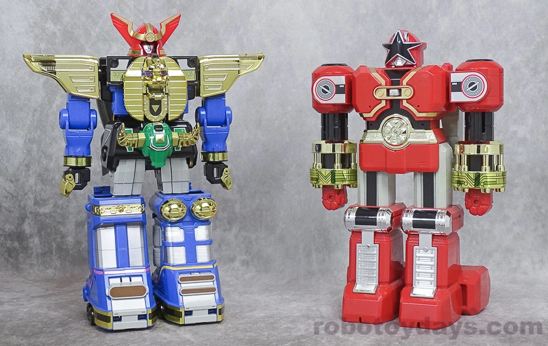 The original DX Ohranger Robo and DX Red Puncher toys standing separately side by side, blue and gold on the left and red and gold on the right.
