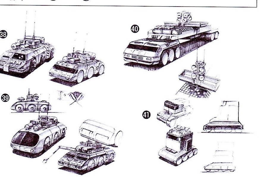 Numbered early vehicle studies 38 through 41 showing compact armored vehicles and a long trailer.