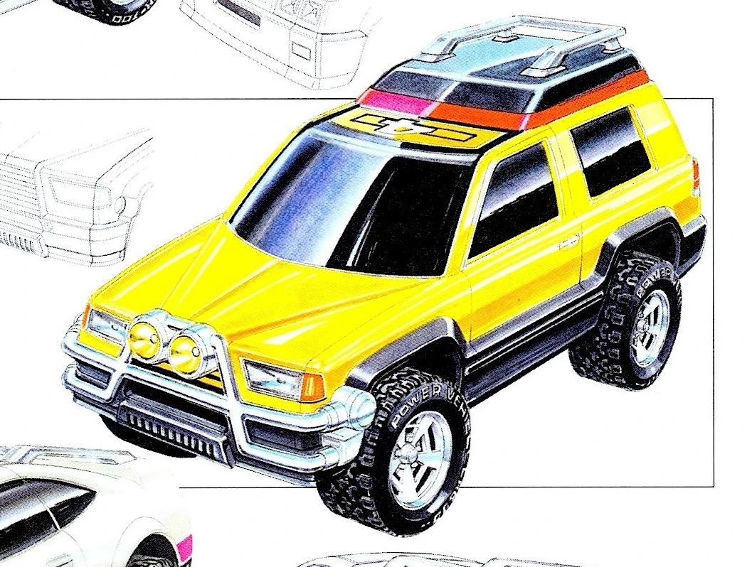 Finished yellow off-road vehicle design with roof rack and silver front bars.